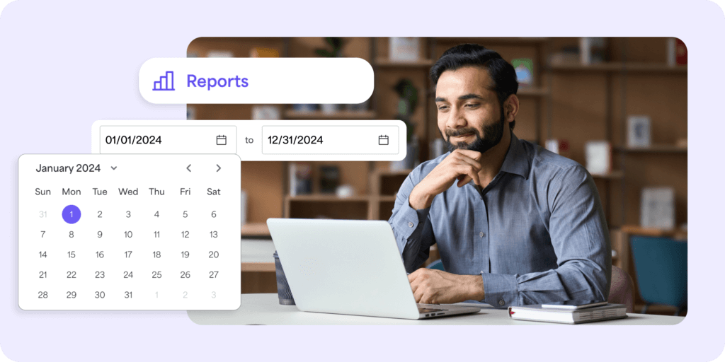 Man looking at a laptop with a graphic that says reports and shows a January 2024 calendar 