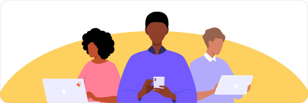 Three people holding different technology including a laptop, mobile device, and a tablet