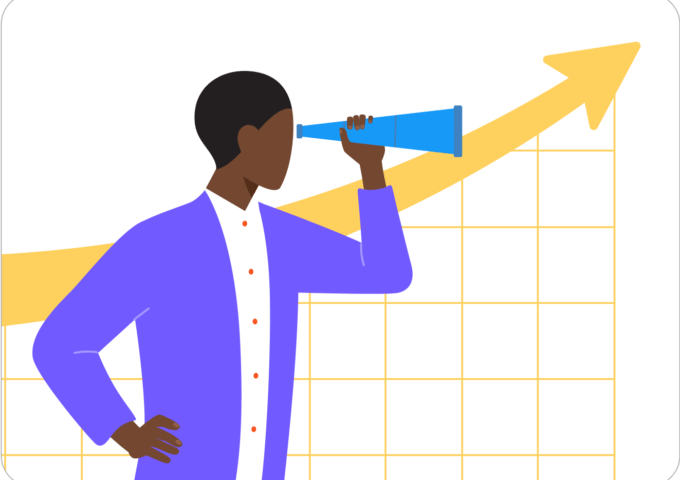Illustrated man looking through a telescope with a grpah with an upward arrow pointing in the direction the man is looking