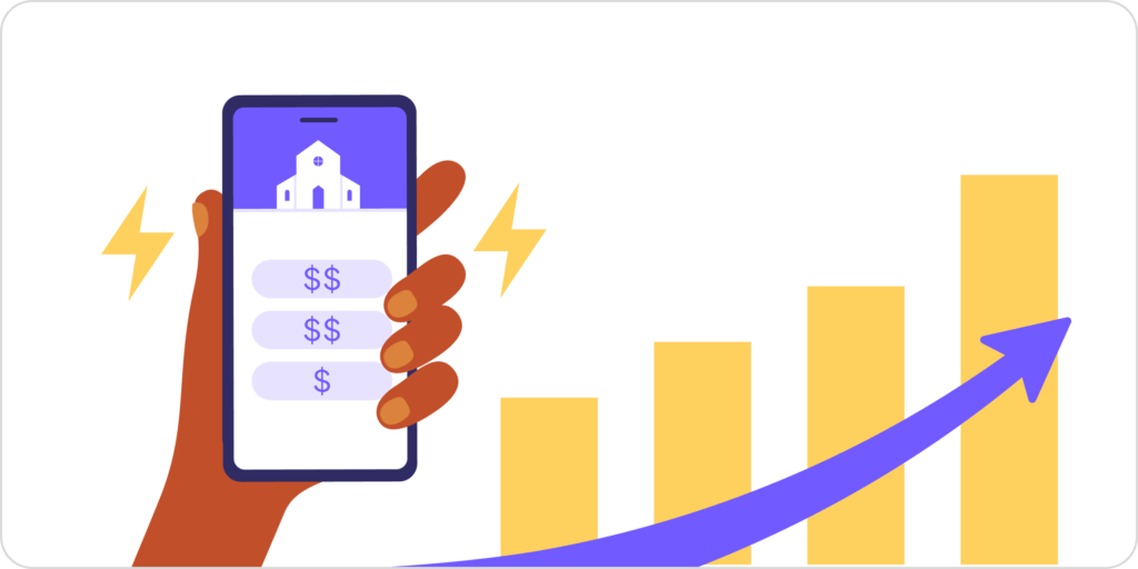 a phone with dollar signs and a bar chart signifying the increase in giving through financial stewardship