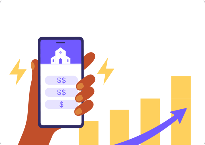 a phone with dollar signs and a bar chart signifying the increase in giving through financial stewardship