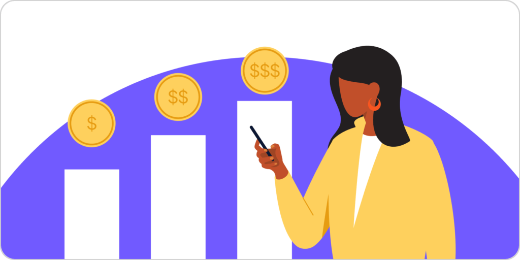 An increasing bar chart with dollar signs next to a woman giving on her phone
